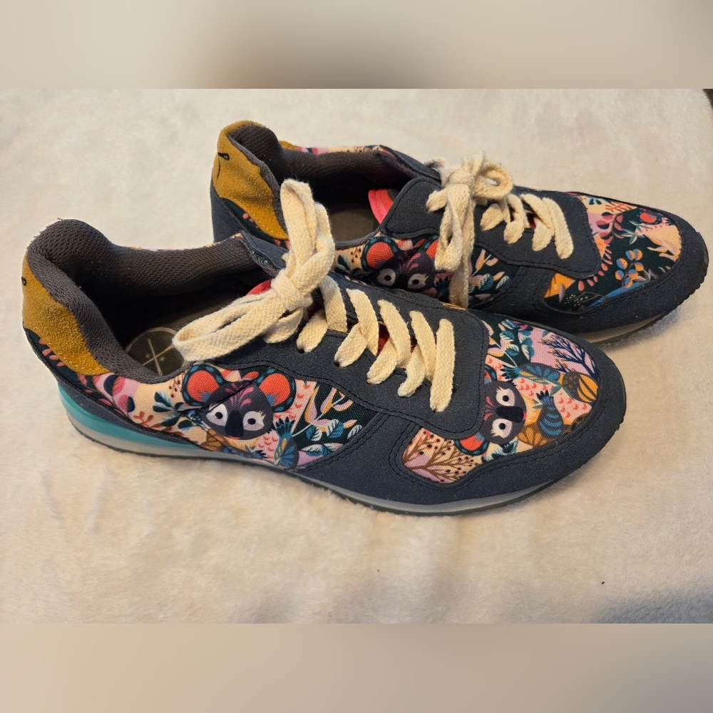 inkkas Blue Floral Pattern Sneakers with Pink and Yellow Accents - Picture 2 of 8
